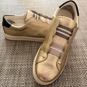 FENDI Leather Rockoclick Metallic Scalloped Knit Logo Slip-on Sneakers Gold 8